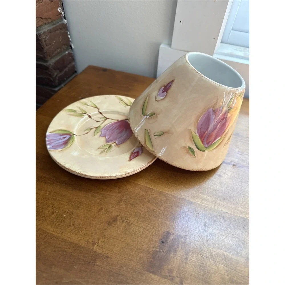 VTG Yankee Candle Spring  Floral Tulip Ceramic Candle Shade Topper & Plate Set